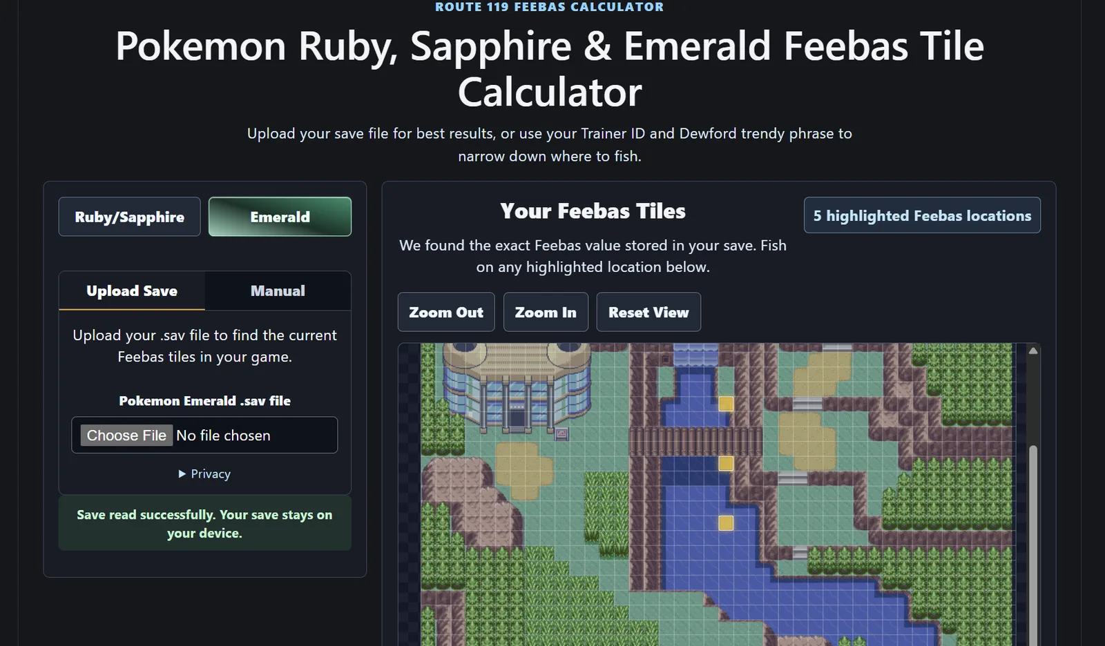 A Screenshot of a Feebas Tile Calculator