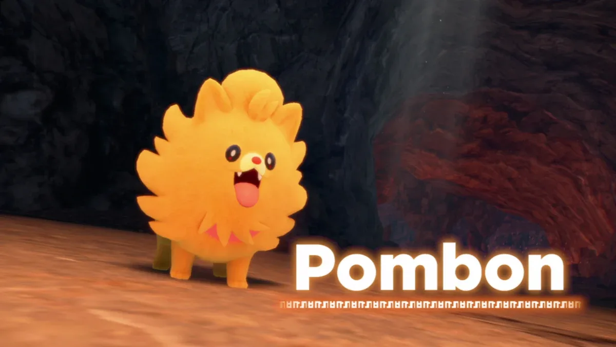 Pombon in a cave that looks like it could hold magma in the distance.